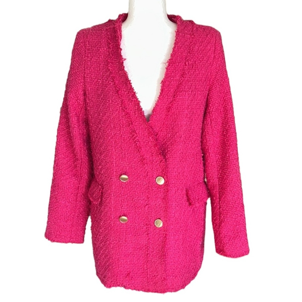 Rachel Zoe Fuchsia Pink Tweed Fringe Double Breasted Blazer - S